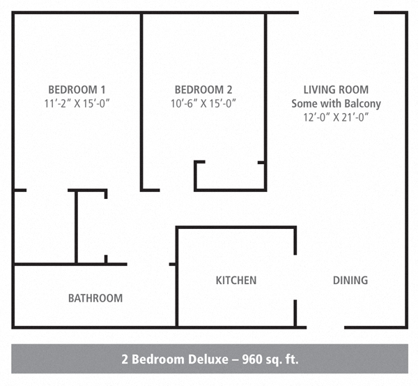 Floor plan for 2 beds, 1 bath, 960 sqft